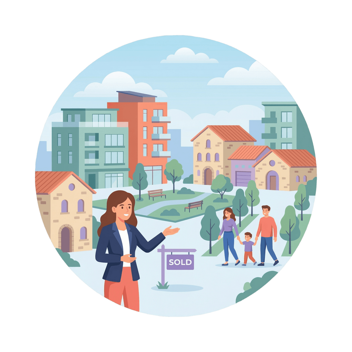 שכונת מגורים עם מתווכת ומשפחה מאושרת